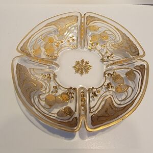 Bohemian Moser Style Gilt Quatrefoil Blown Glass Petite Bowl Poppy Bud Design